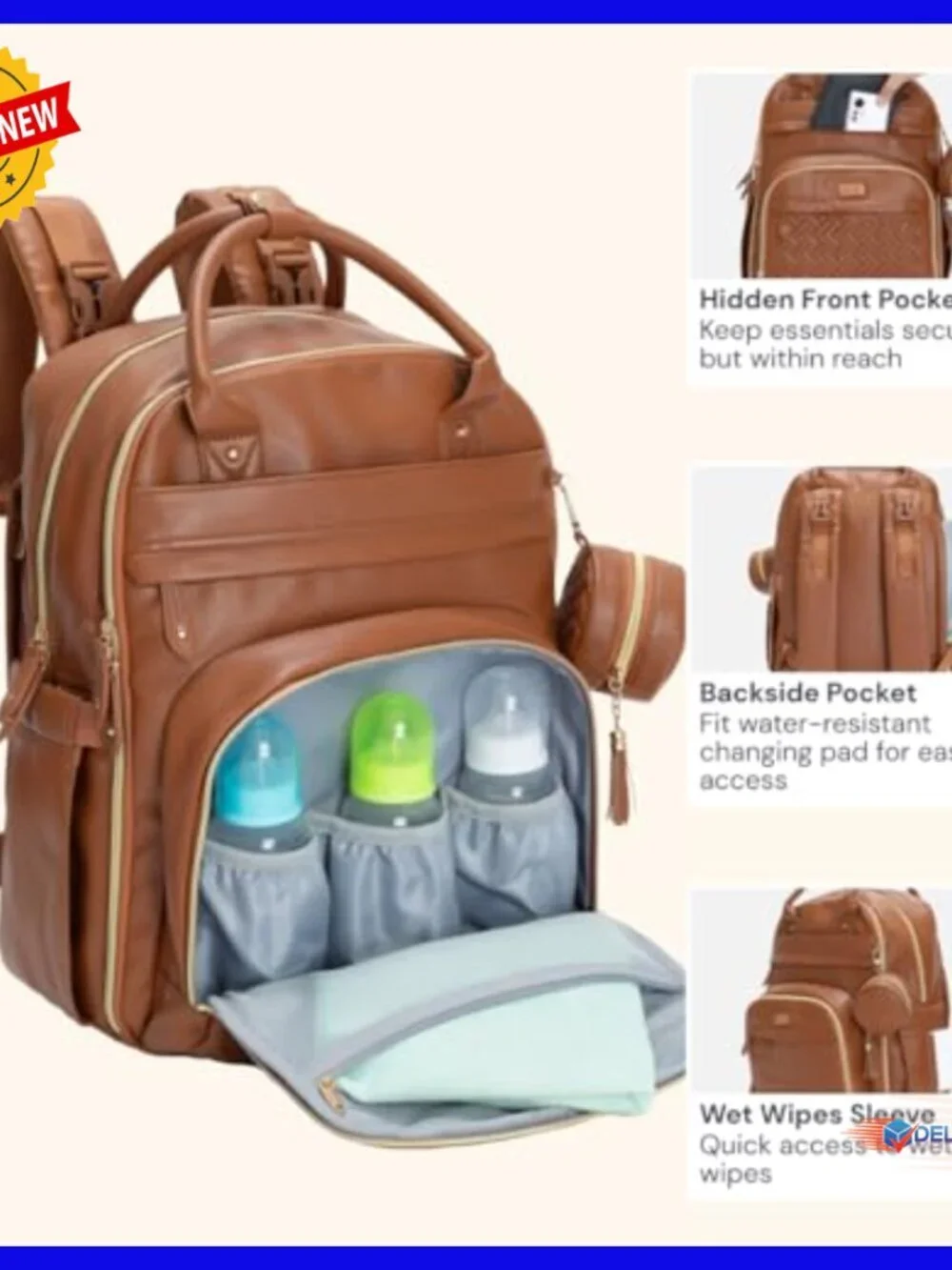 Large Vegan Leather Diaper Backpack with Changing Pad, Water Resistant, 26L